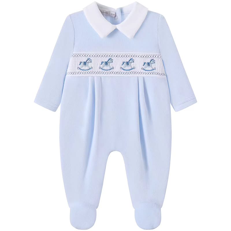 Blue Velour Smocked Rocking Horse Babygrow