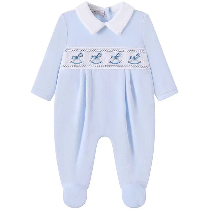 Blue Velour Smocked Rocking Horse Babygrow