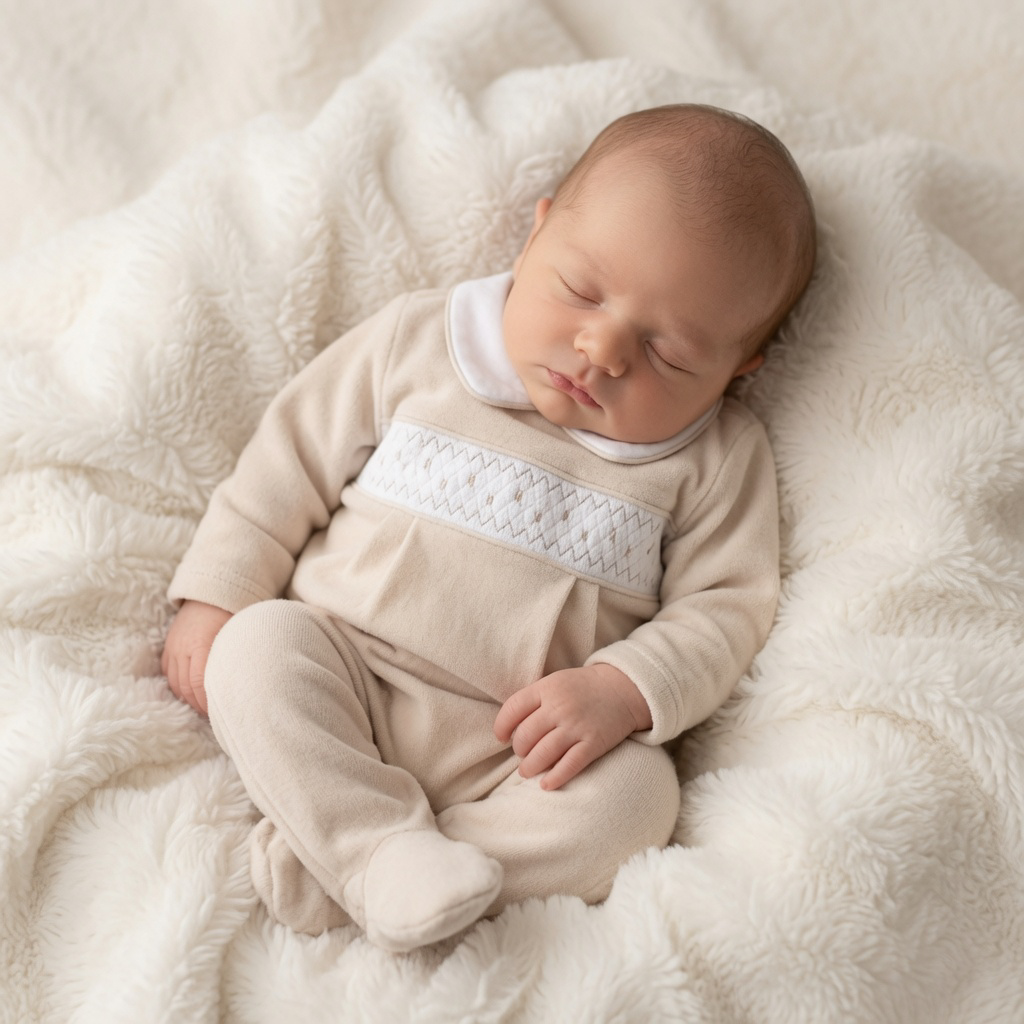 Beige Velour Smocked Babygrow