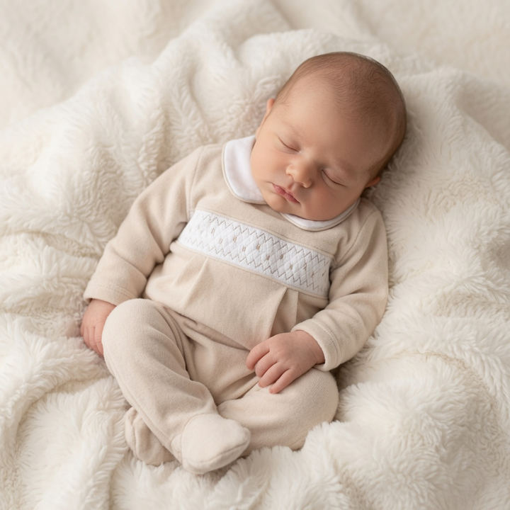 Beige Velour Smocked Babygrow