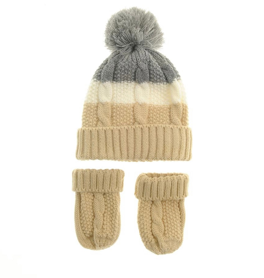 Ziggle Beige Cream & Grey Hat and Mittens Set
