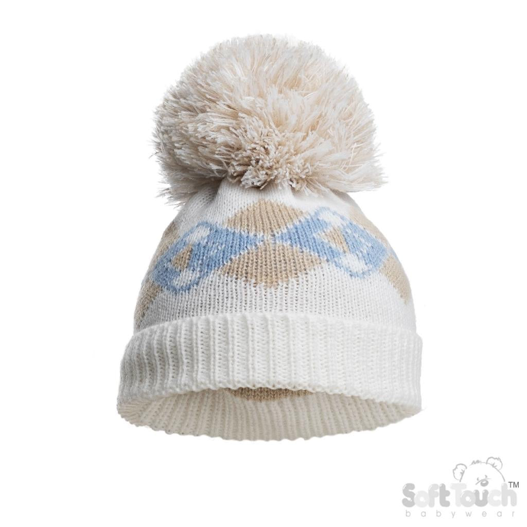 Blue-beige diamond knit bobble hat