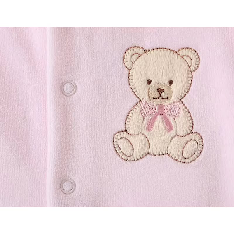 Pink Velour Teddy Embroidered Ruffle Babygrow