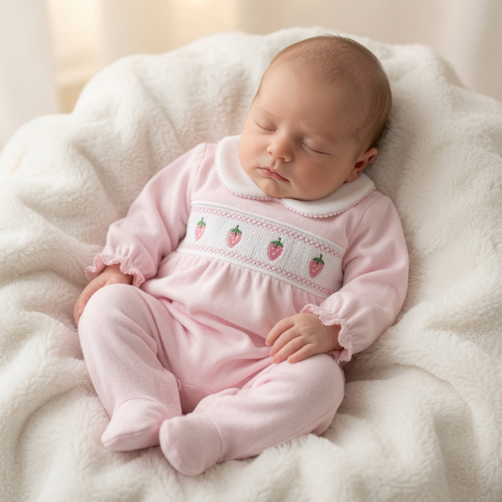 Pink Velour Smocked Strawberry Babygrow