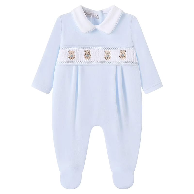 Blue Velour Smocked Teddy Bear Babygrow