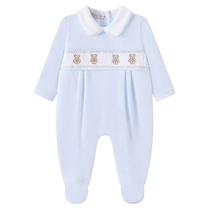 Blue Velour Smocked Teddy Bear Babygrow