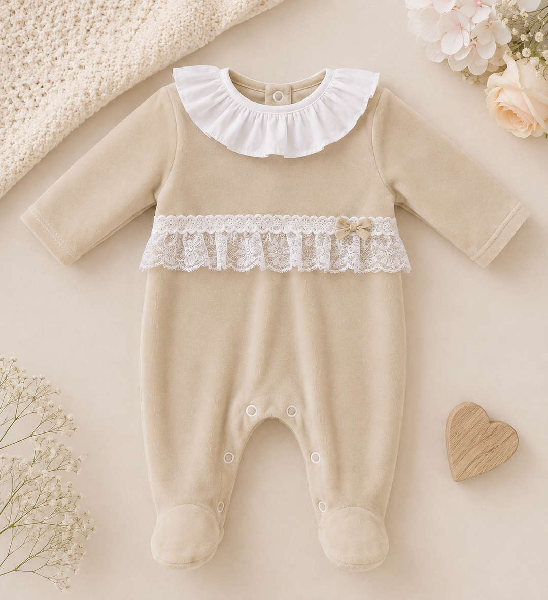 Beige Velour Lace Frill Babygrow