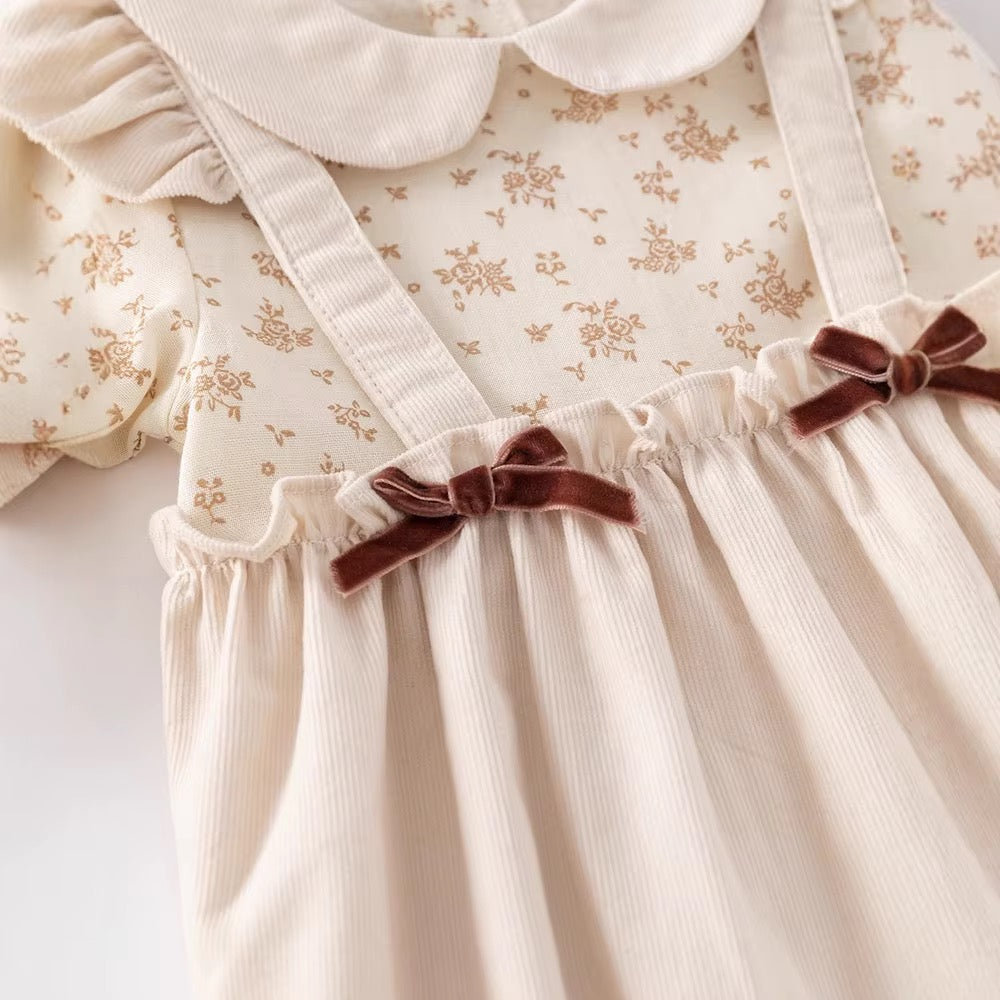 Beige Floral Long Romper & Bonnett