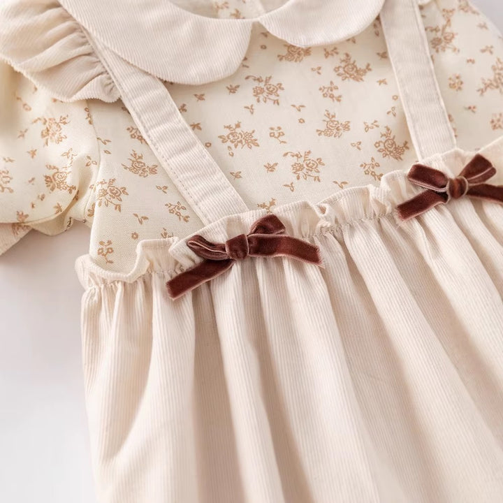 Beige Floral Long Romper & Bonnett