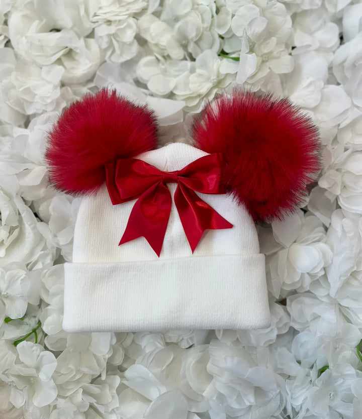 White & Red Bow Double Pom Hat