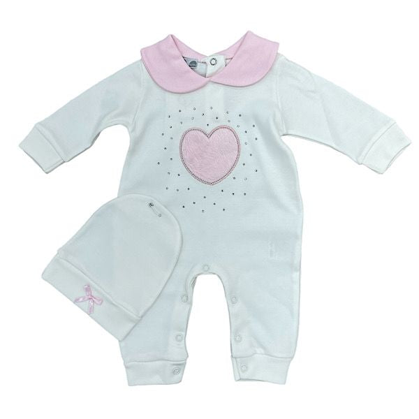 Ivory & Pink Heart Diamanté Babygrow & Hat