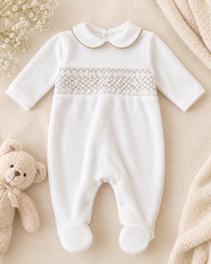 White & Beige Smocked Babygrow