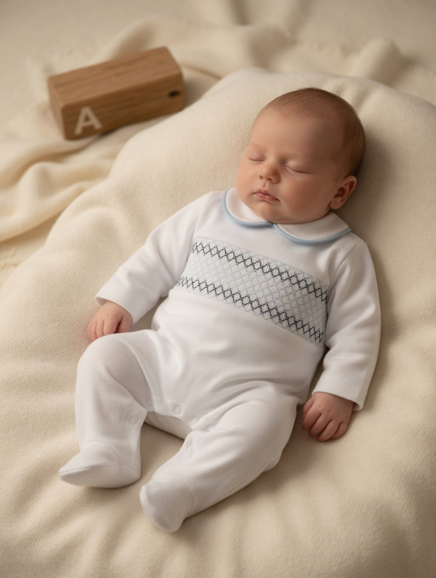 Smocked White & Blue Babygrow