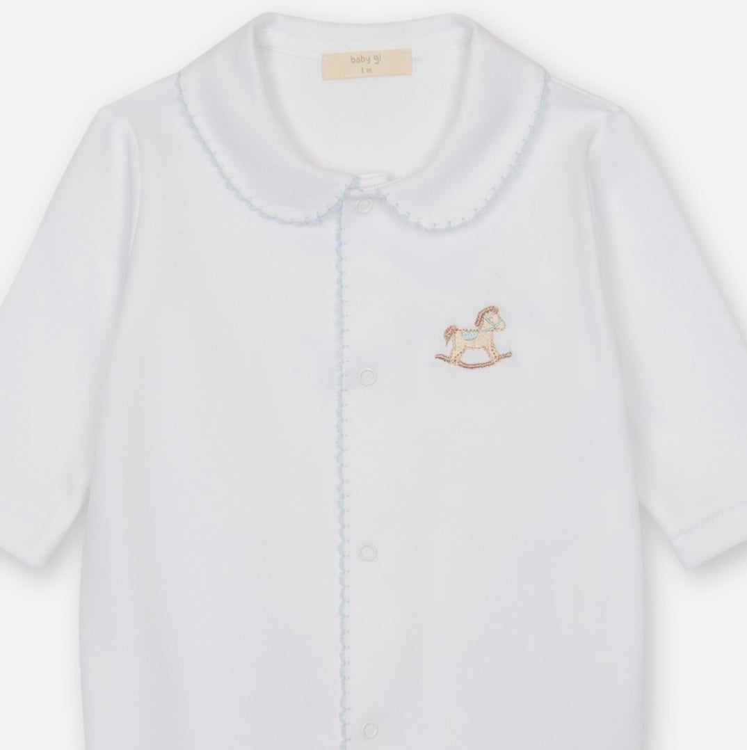 Baby Gi White Blue Rocking Horse Cotton Babygrow