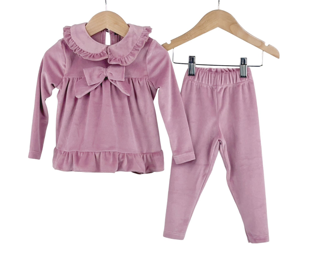 D/Pink Velour Bow 2PC Co-ord Set