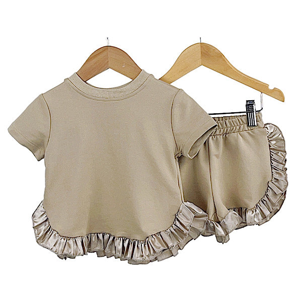 Camel Satin Frill Shorts Set