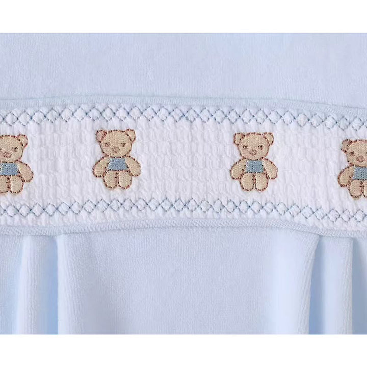 Blue Velour Smocked Teddy Bear Babygrow