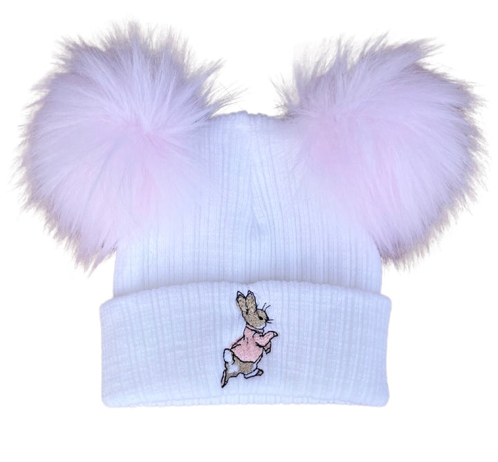 White & Pink Rabbit Double Pom Hat