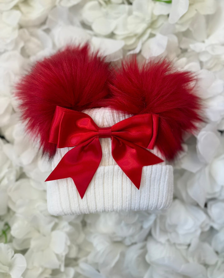 White & Red Bow Double Pom Hat