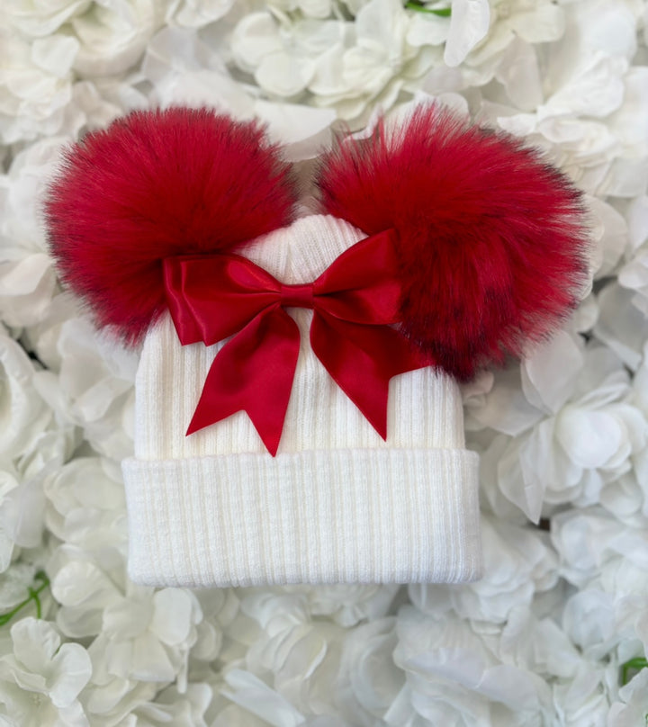 White & Red Bow Double Pom Hat