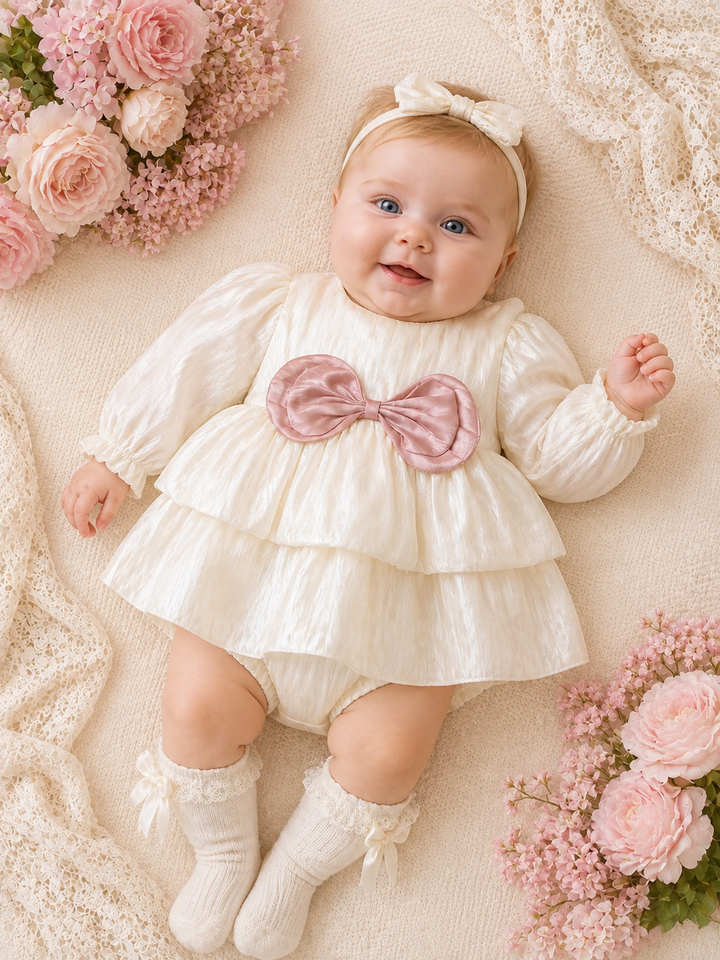 Ivory & Blush Shimmer Bow Romper Dress
