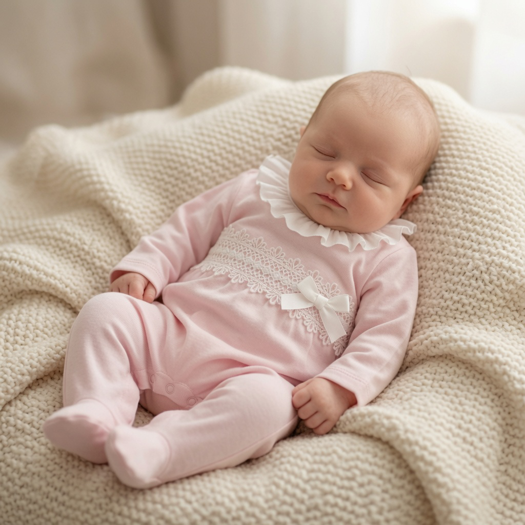 Pink Lace & Bow Cotton Babygrow