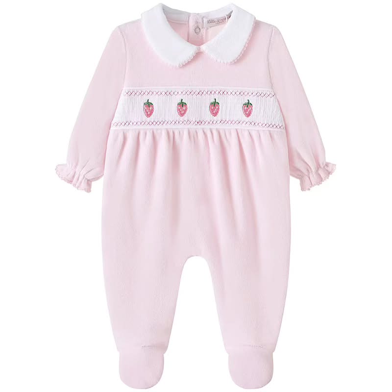 Pink Velour Smocked Strawberry Babygrow