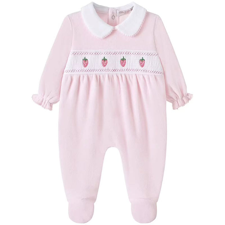 Pink Velour Smocked Strawberry Babygrow
