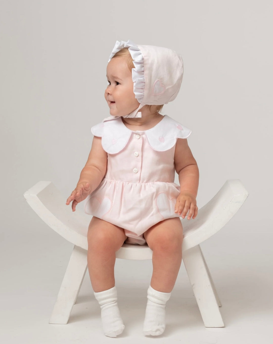 Caramelo Pink Scallop Heart Romper With Bonnet