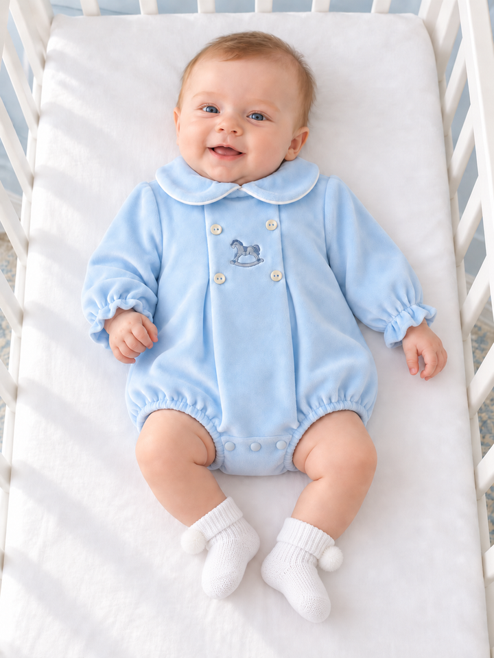 Pex Blue Velour Rocking Horse Romper