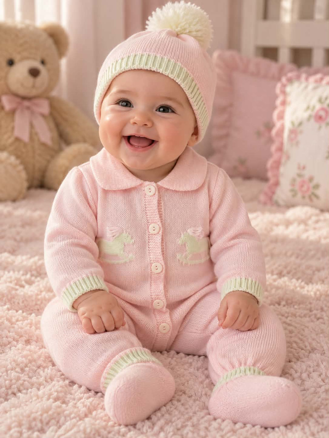 Pink Knit Rocking Horse Babygrow & Hat