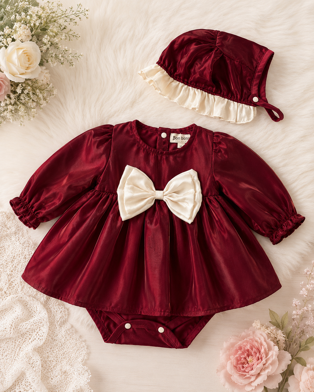 Burgundy Romper Dress & Bonnett