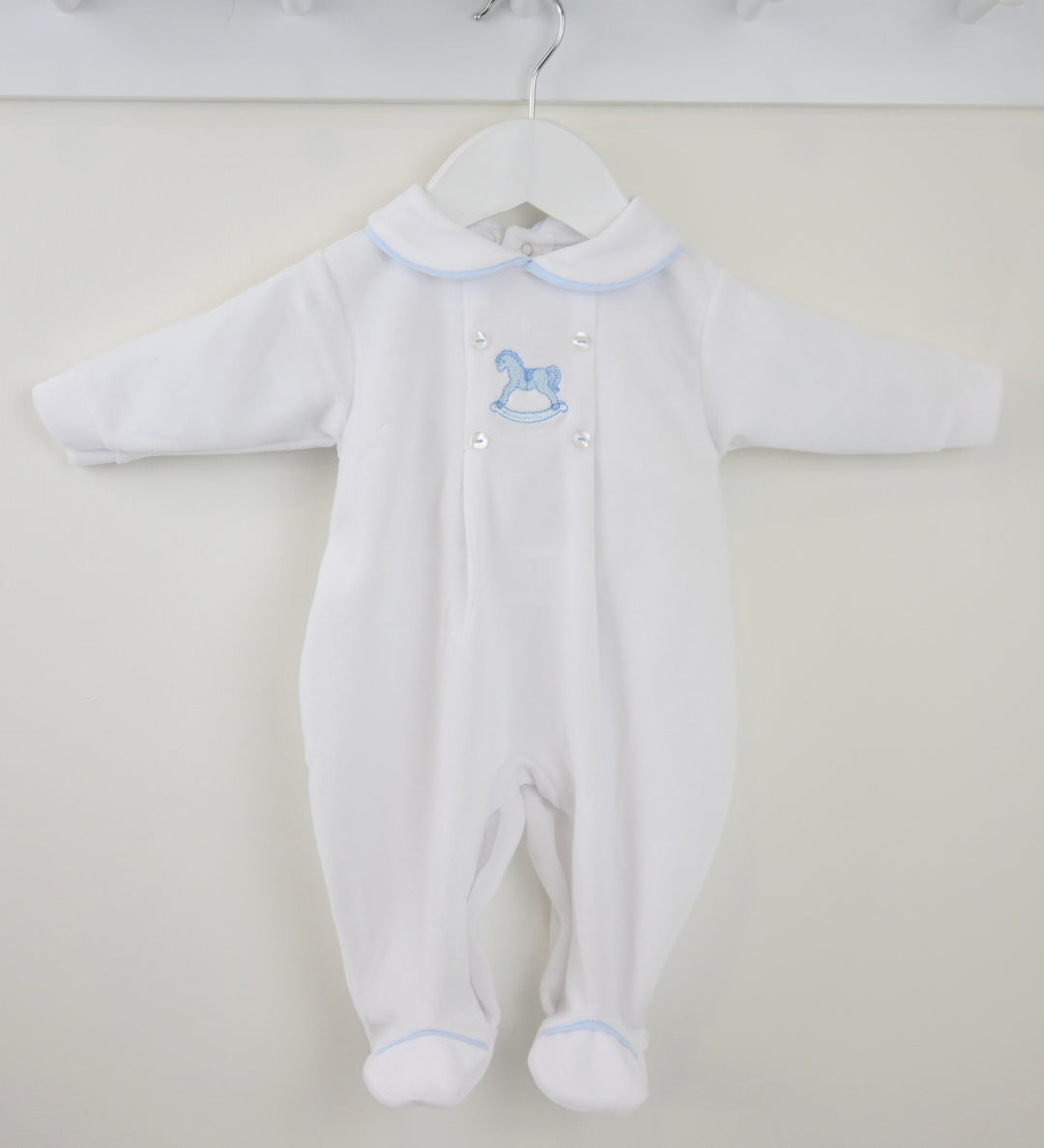 Pex White Blue Rocking Horse Babygrow