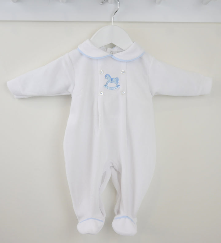 Pex White Blue Rocking Horse Babygrow