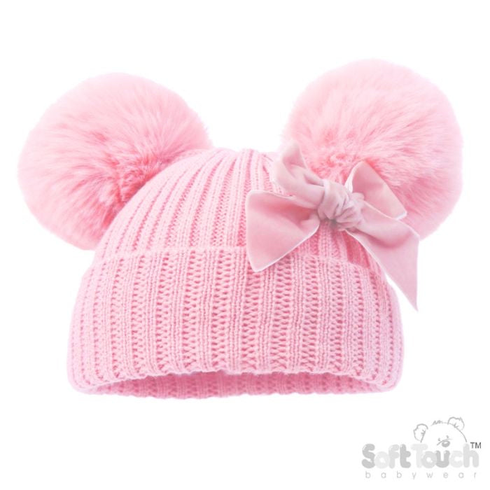 Pink Double Pom Hat With Velvet Bow