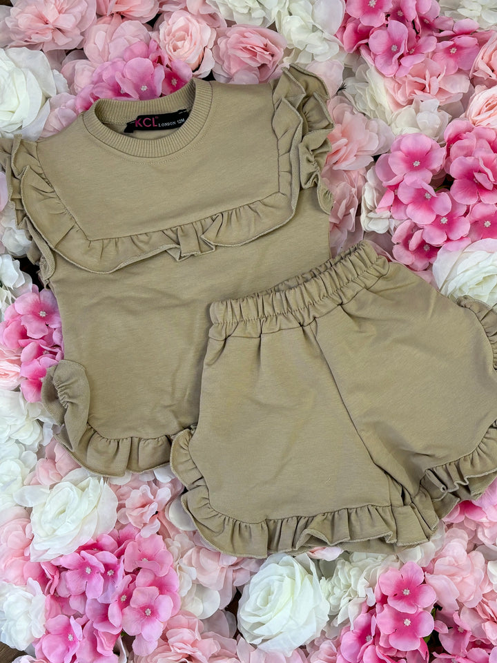 Beige Ruffle Shorts Set