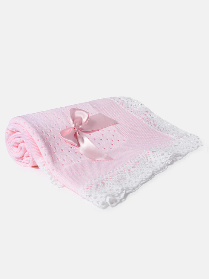 Baby Open Dot Knitted Shawl- Baby Pink & White