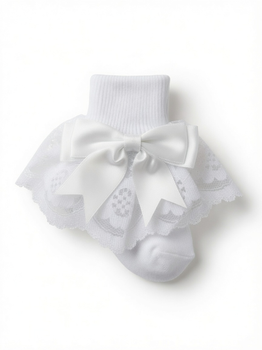 White Bow Frilly Ankle Socks