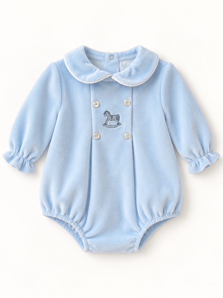 Pex Blue Velour Rocking Horse Romper