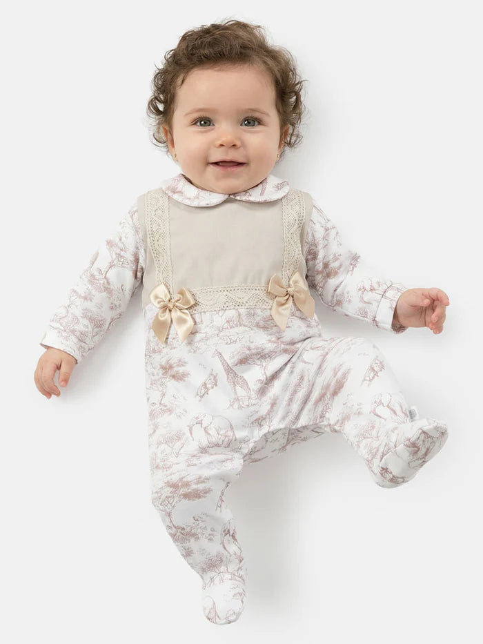 Baby Girls Safari Bow Babygrow- Beige