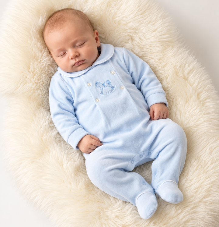 Pex Blue Velour Rocking Horse Babygrow