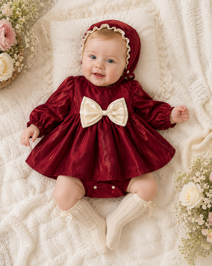 Burgundy Romper Dress & Bonnett