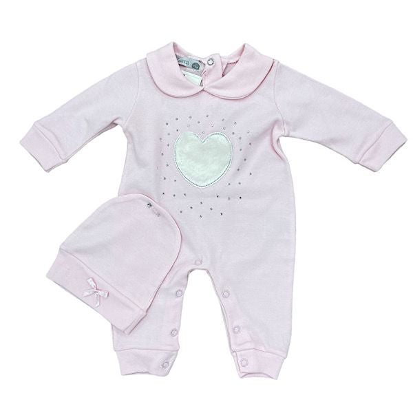 Pink Heart Diamanté Babygrow & Hat