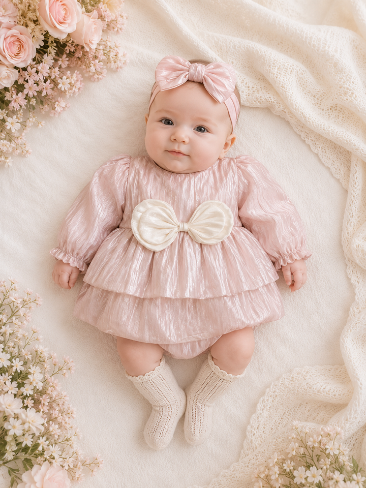 Blush Pink Shimmer Bow Romper Dress