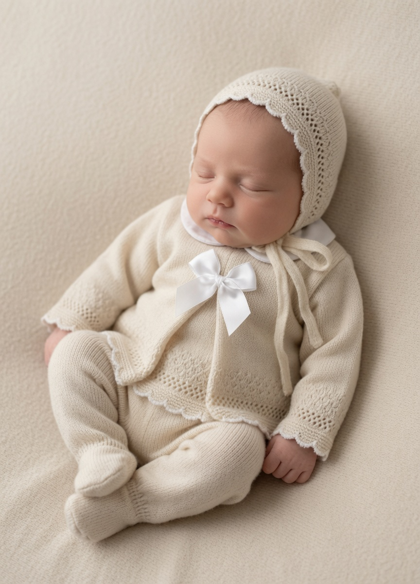 Beige Pointelle Bow Set