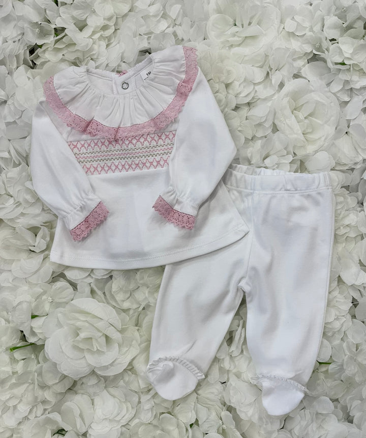 White & Pink Smock Frill Two Piece