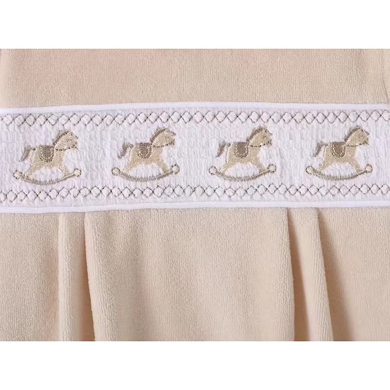 Beige Velour Smocked Rocking Horse Babygrow