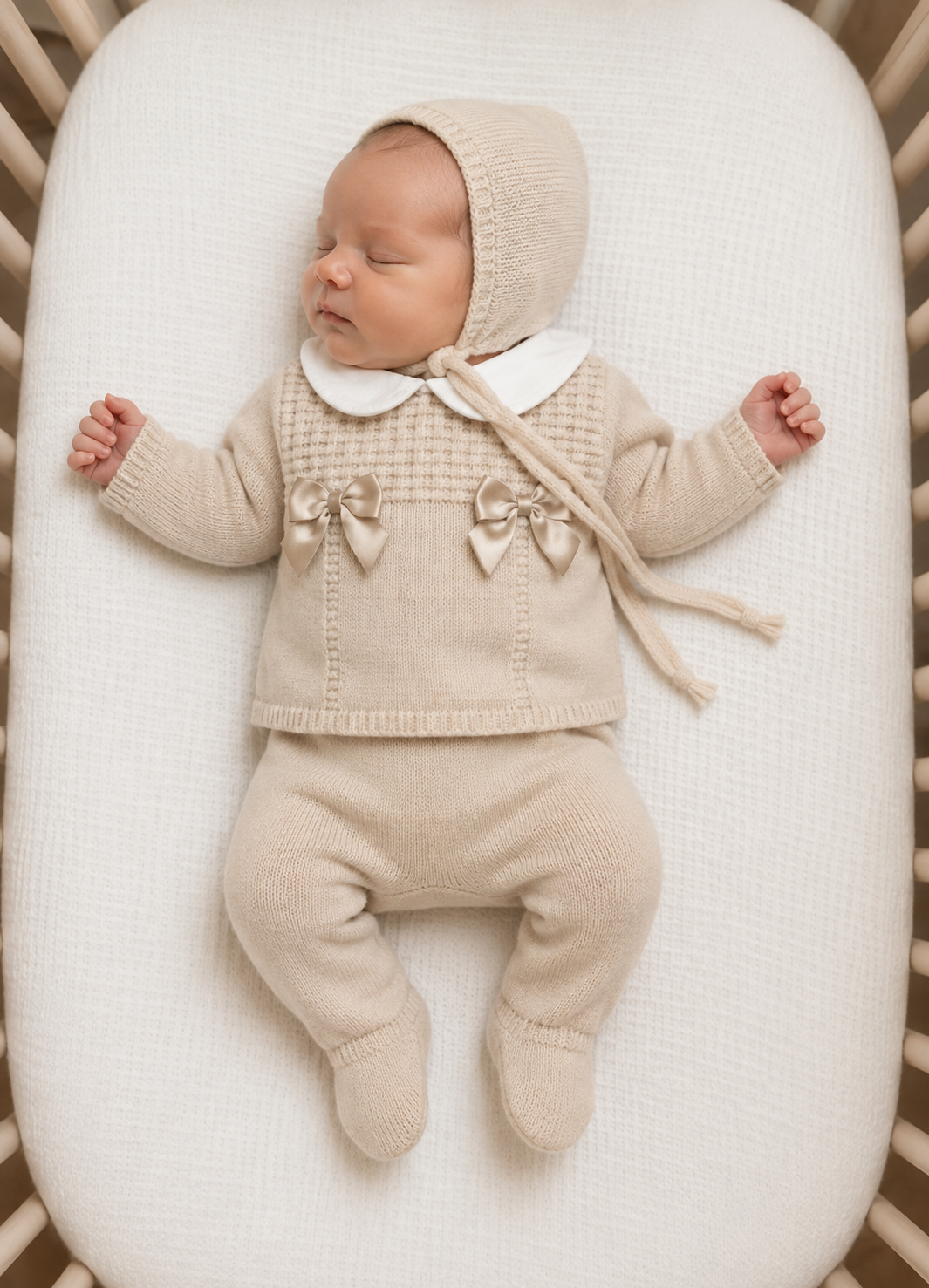Beige Knit Bow 3 Piece Set