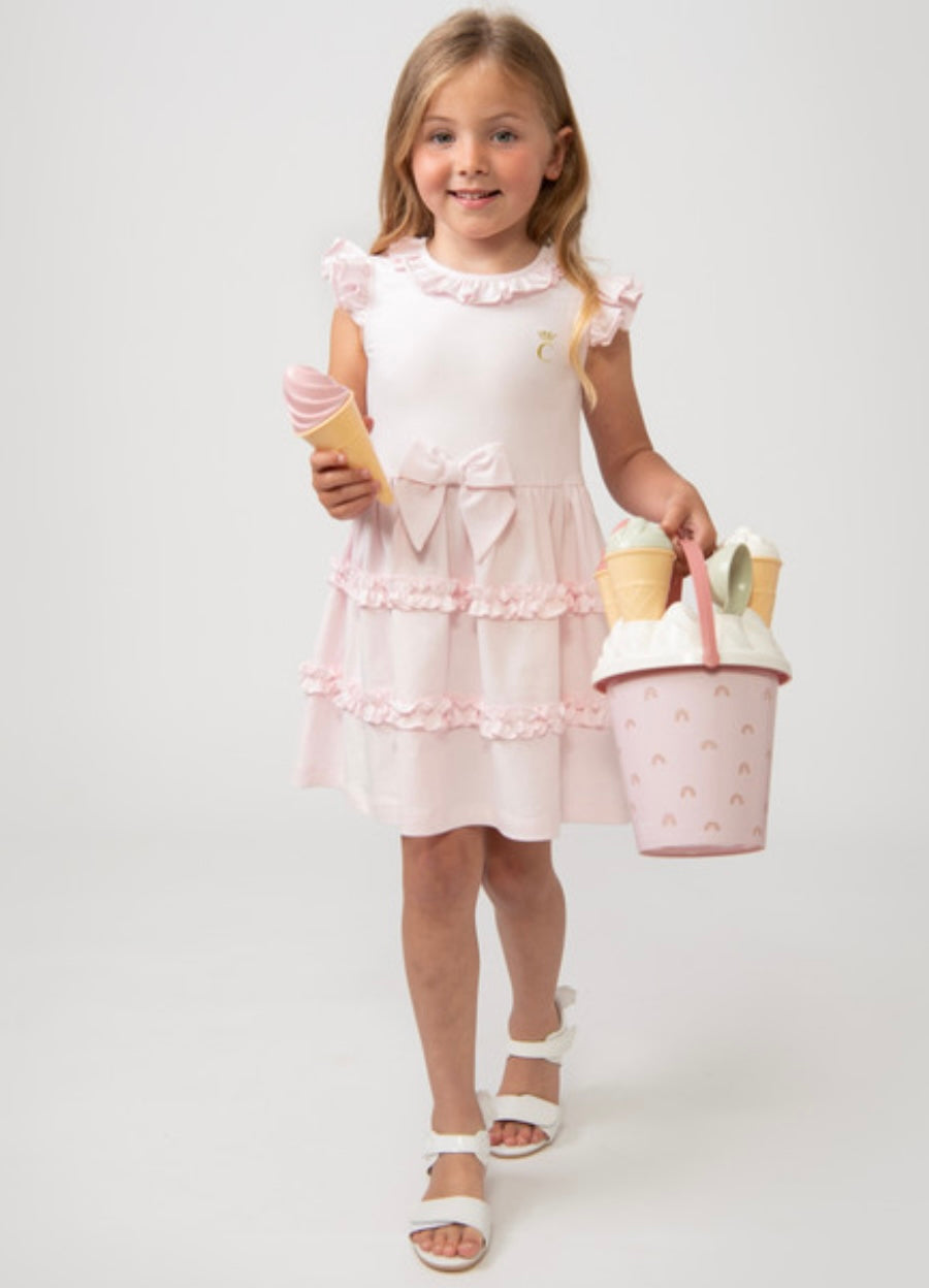 Caramelo Pink Tiered Frill Dress with Bow