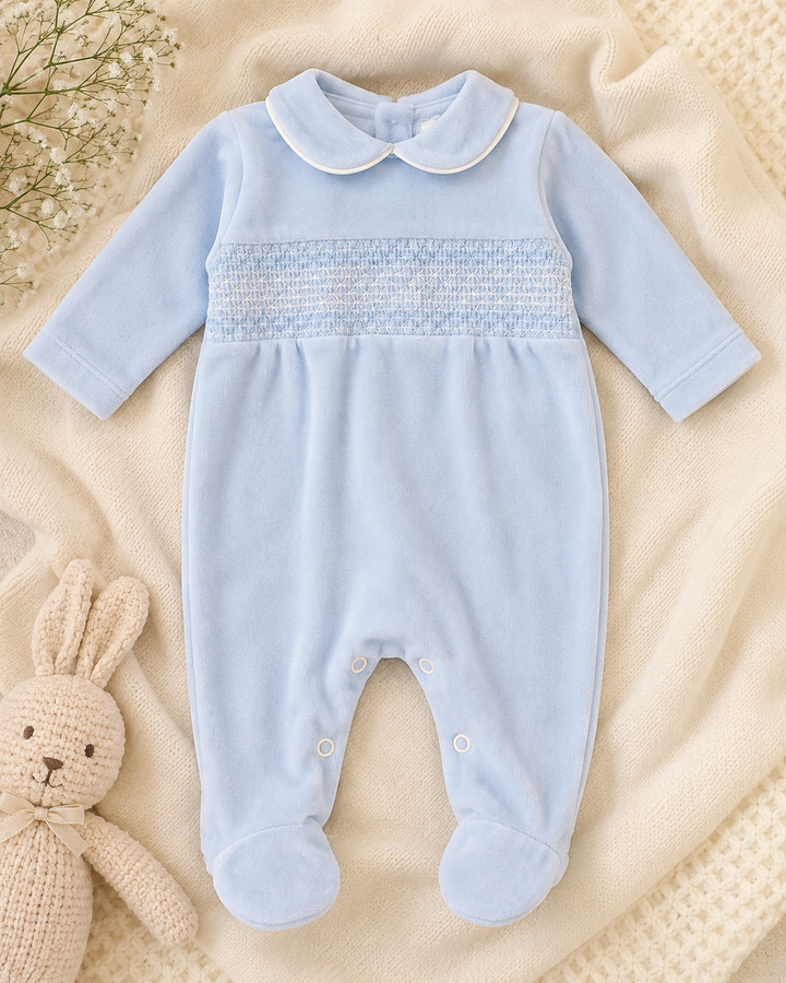 Blue Blue Velour Smocked Babygrow